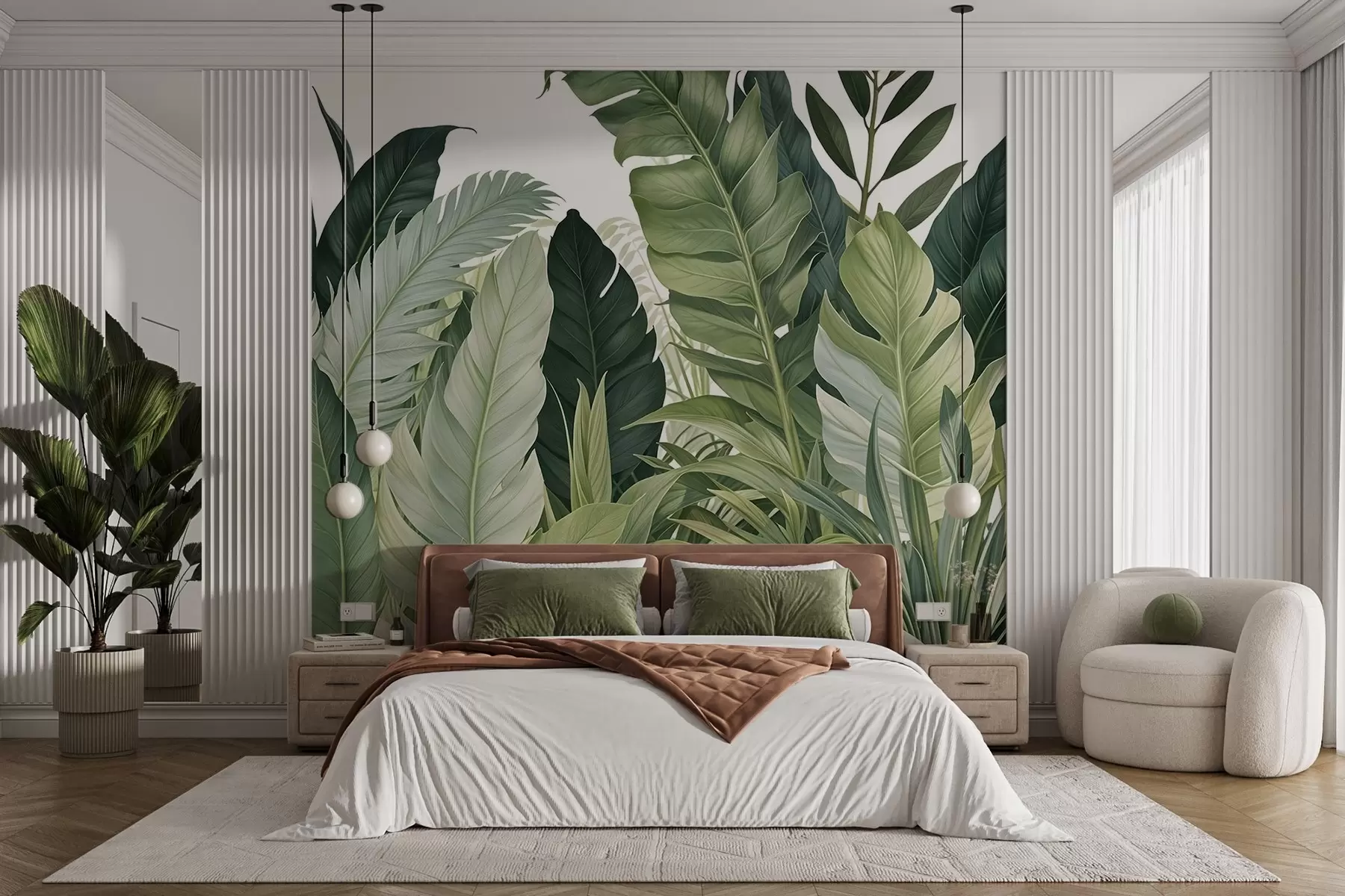 murales de pared Follaje tropical con varias hojas verdes grandes, incluidas hojas de plátano, hojas de palmera y otras especies de plantas exóticas w08609