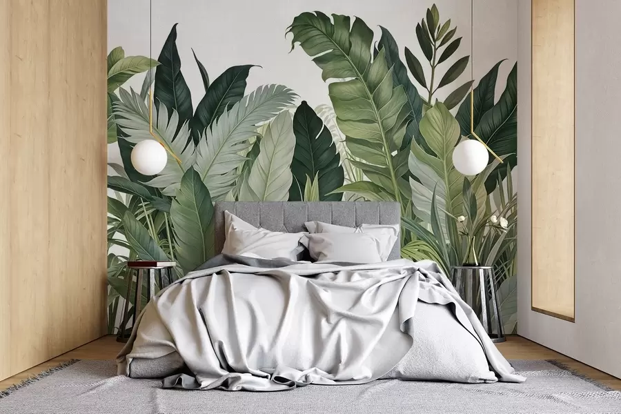 murales de pared Follaje tropical con varias hojas verdes grandes, incluidas hojas de plátano, hojas de palmera y otras especies de plantas exóticas w08609