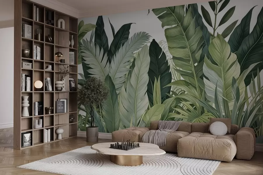murales de pared Follaje tropical con varias hojas verdes grandes, incluidas hojas de plátano, hojas de palmera y otras especies de plantas exóticas w08609