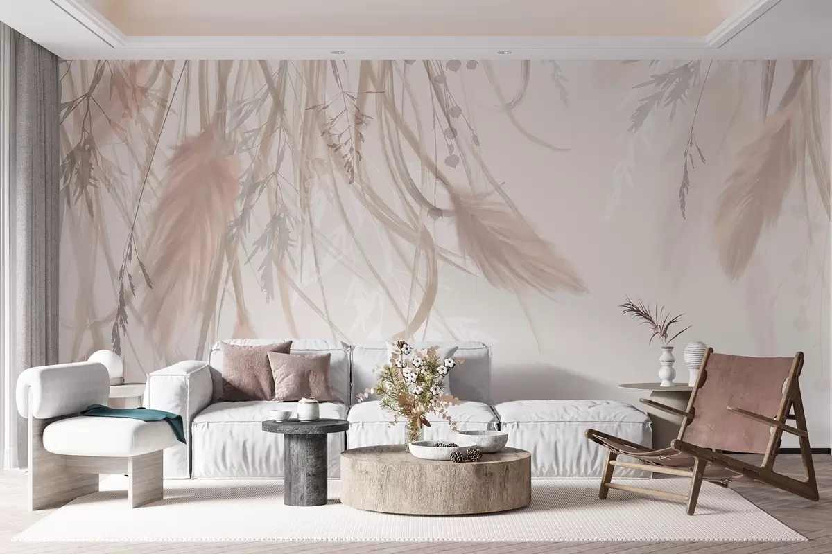 murales de pared Suave hierba de la pampa y espiguillas en tonos beige y rosa sobre un fondo claro w08611