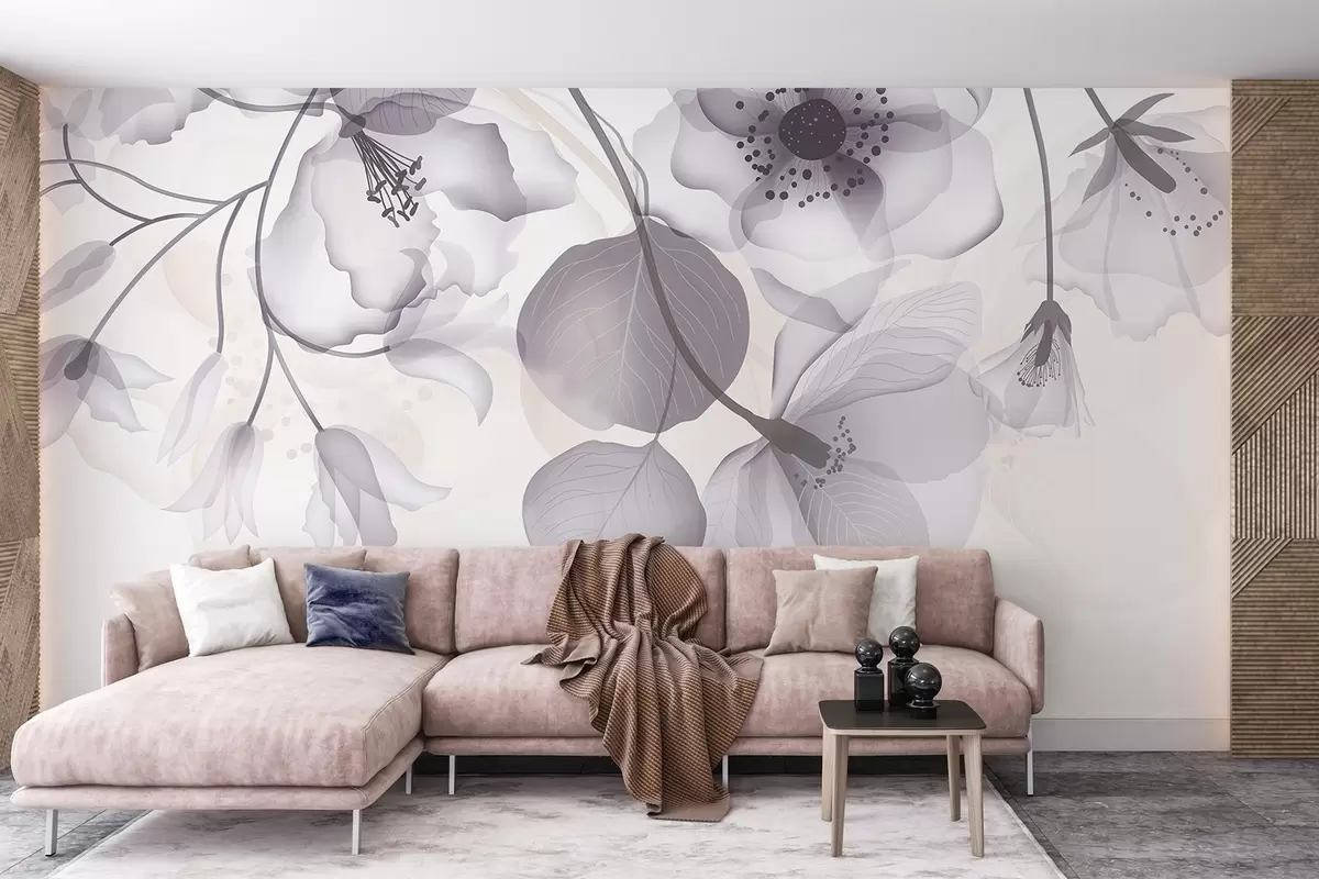 murales de pared Delicadas flores translúcidas grises y beige con pétalos suaves y centros oscuros, sobre un fondo claro w08613v2