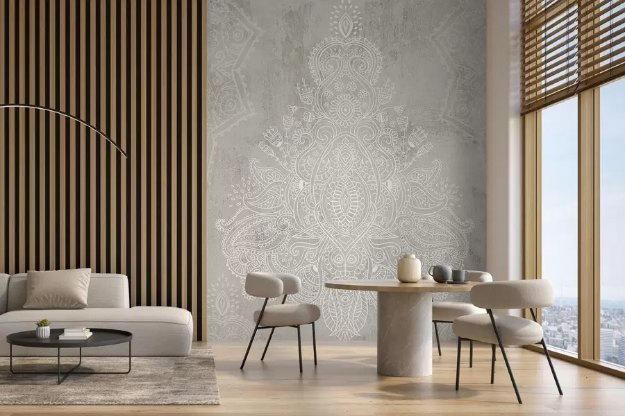 murales de pared Un detallado e intrincado estampado de mandala de encaje blanco sobre un fondo abstracto de textura beige claro w08614