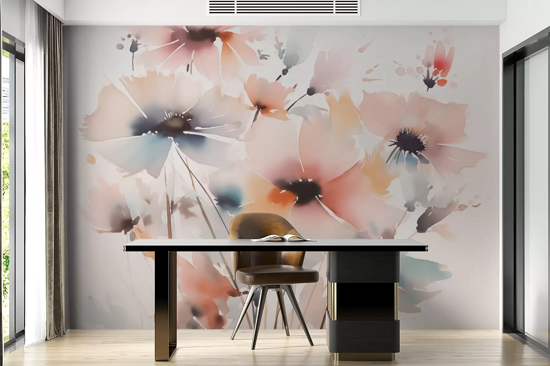 murales de pared Siluetas de flores imitación de acuarela borrosa w02726