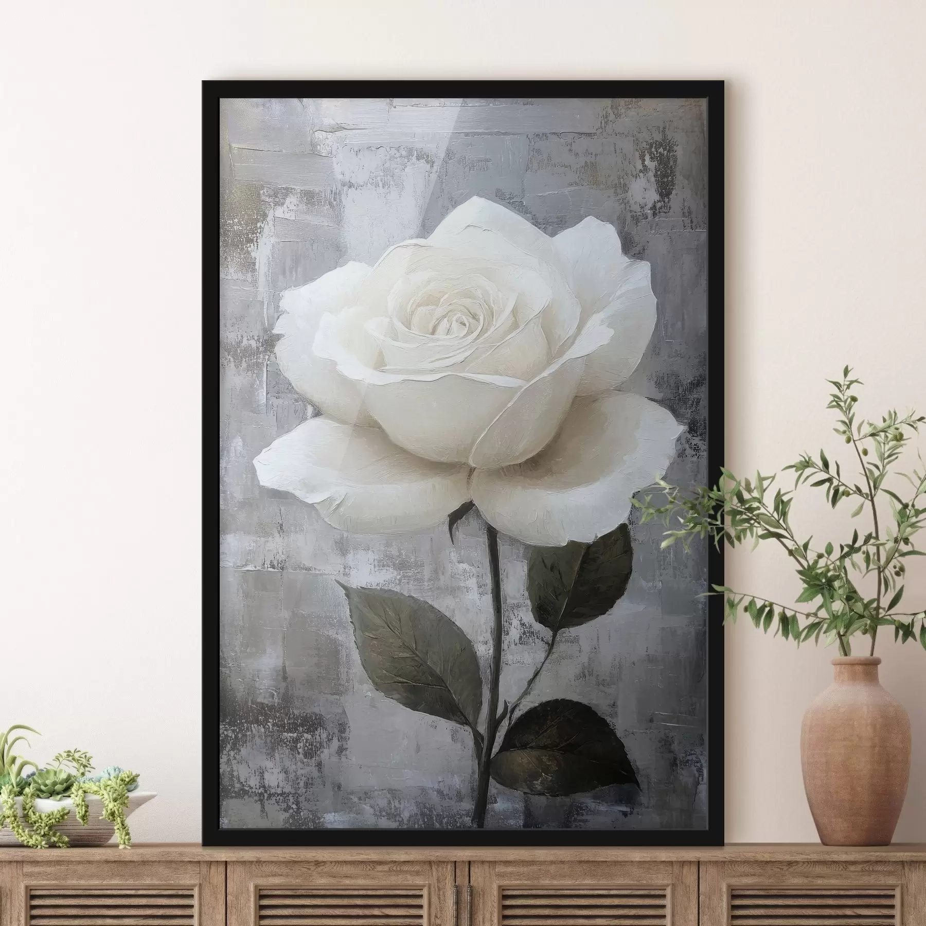 murales de pared Rosa blanca dibujada a mano sobre fondo de hormigón f42185