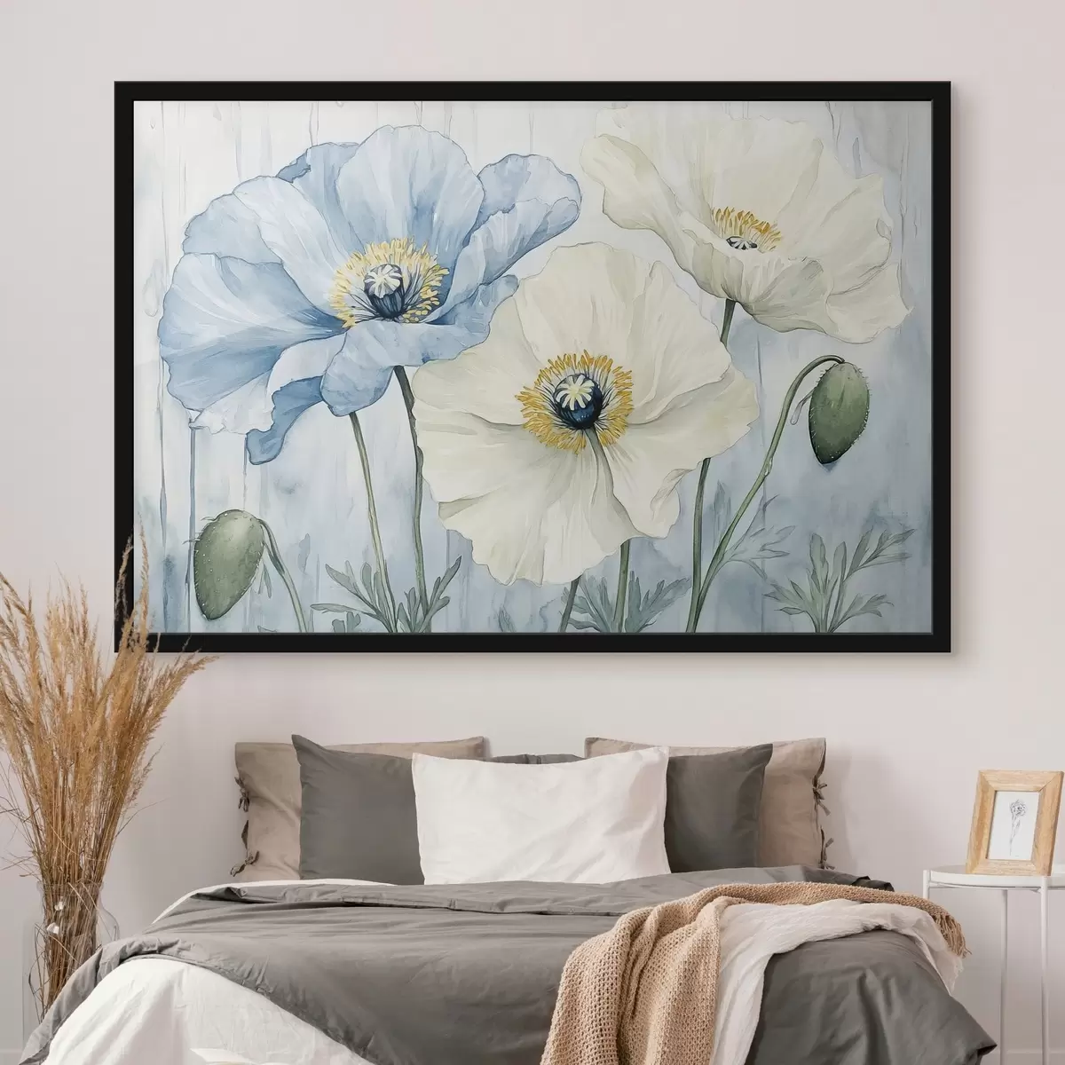 Poster Amapolas azules y blancas sobre fondo de acuarela f42191