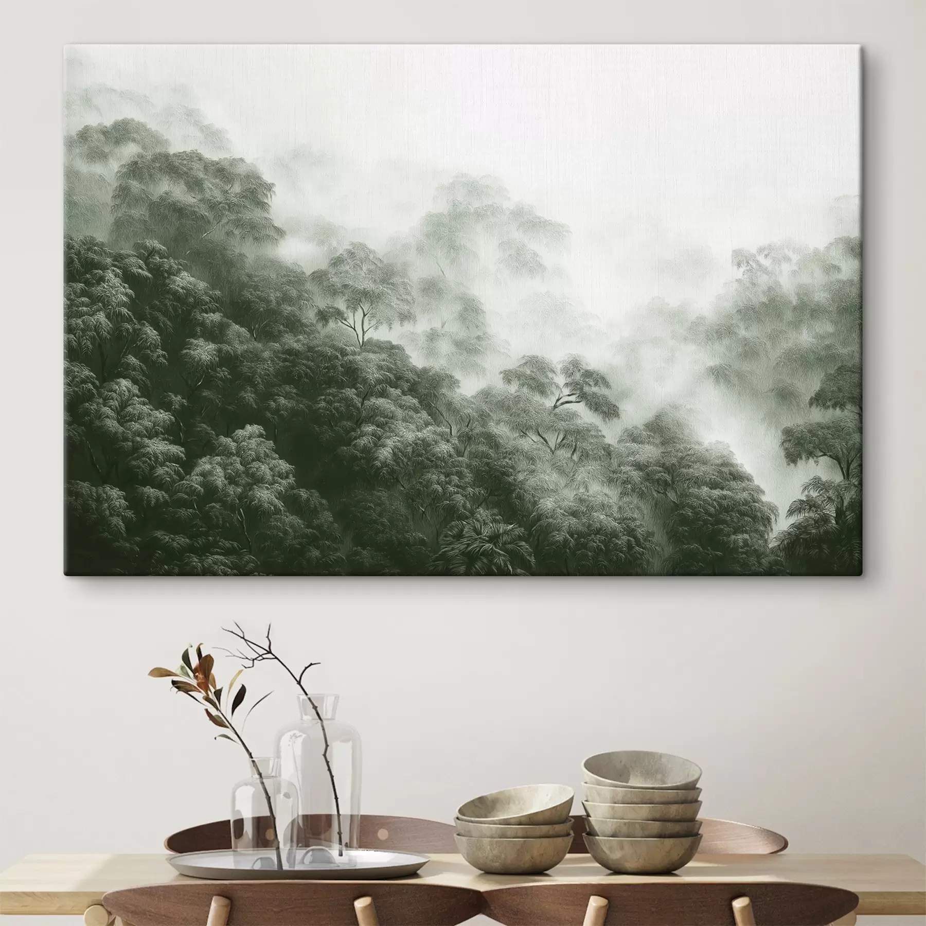 murales de pared Bosque tropical en la niebla, palmeras, colores verdes s42371