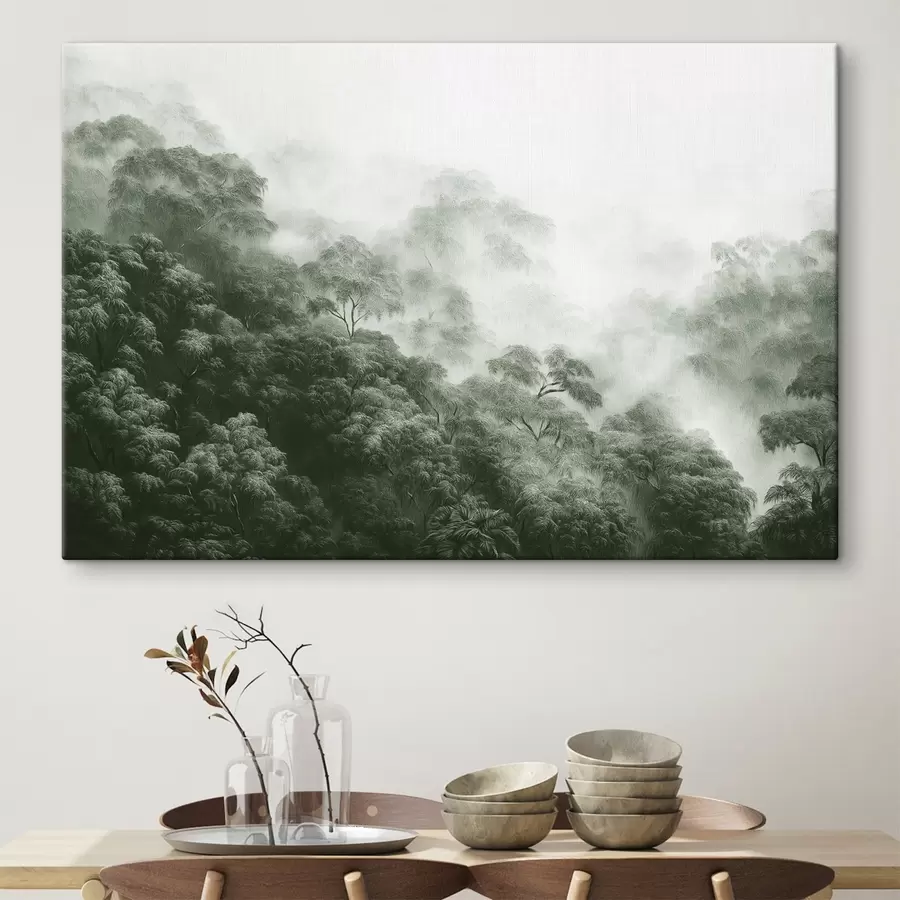 murales de pared Bosque tropical en la niebla, palmeras, colores verdes s42371