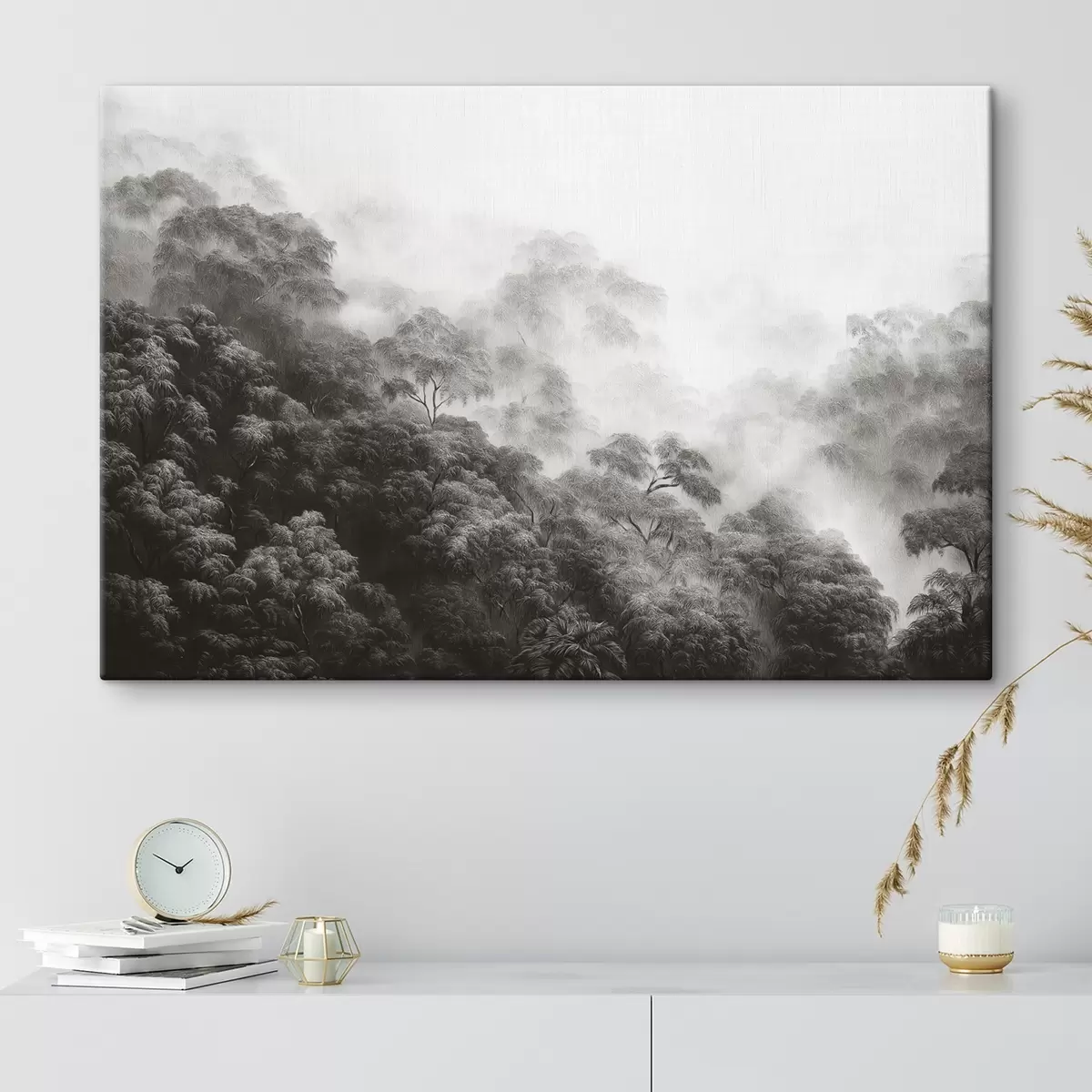 murales de pared Bosque tropical en la niebla, palmeras, colores grises s42371v1