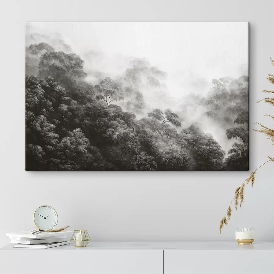 murales de pared Bosque tropical en la niebla, palmeras, colores grises s42371v1