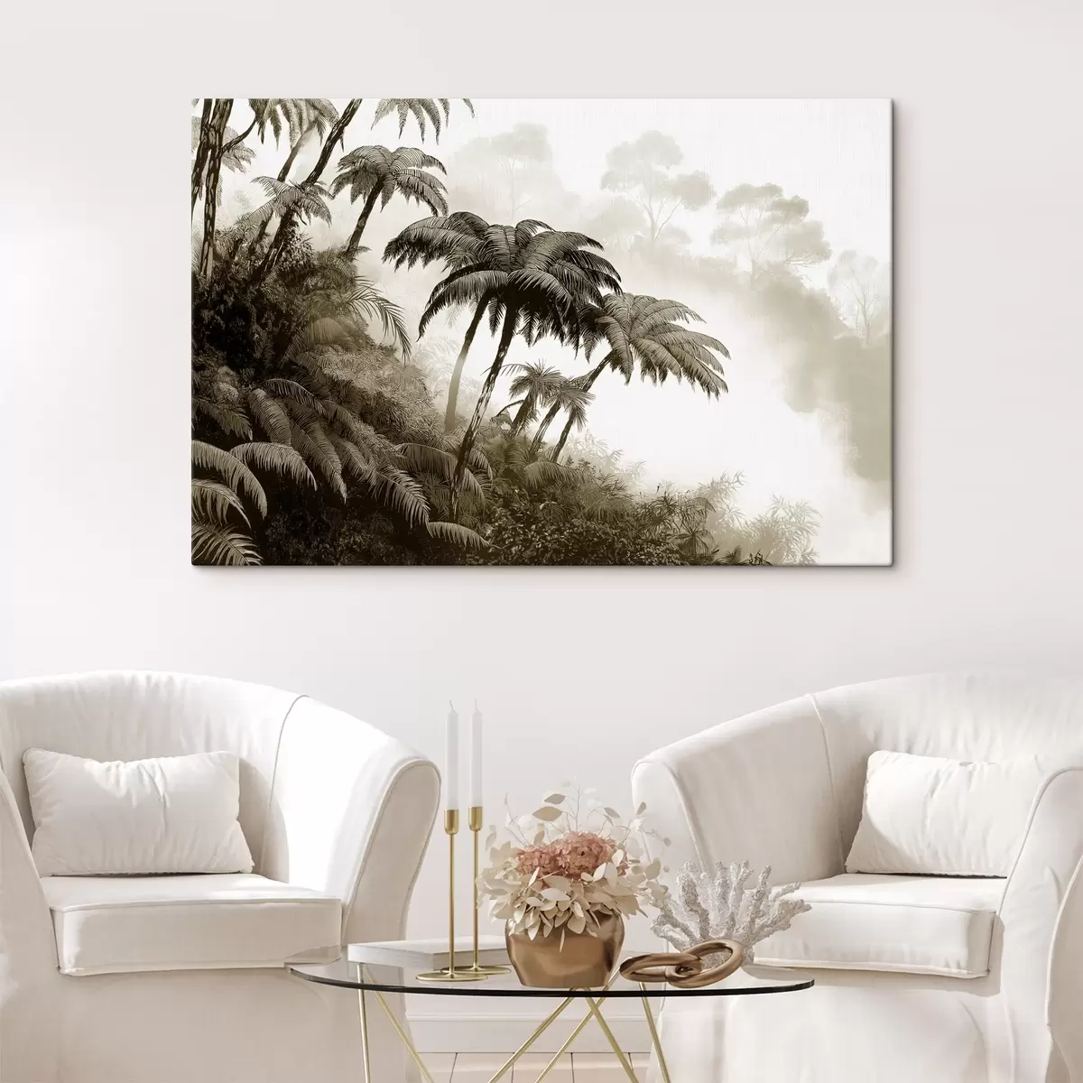 murales de pared Selva en la niebla, palmeras, naturaleza, colores beige s42372