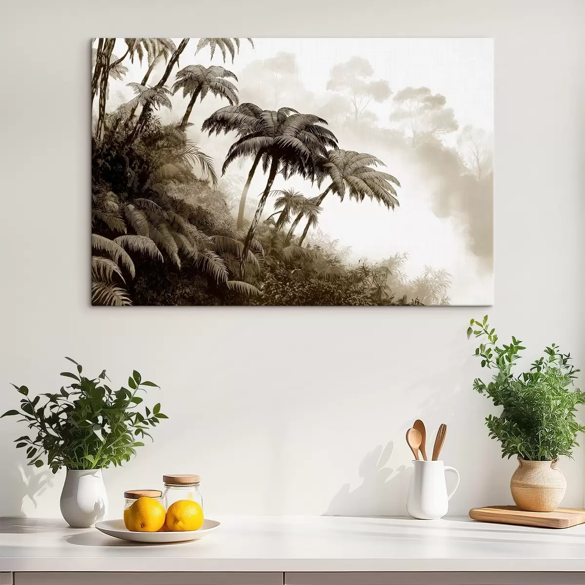 murales de pared Selva en la niebla, palmeras, naturaleza, colores beige s42372