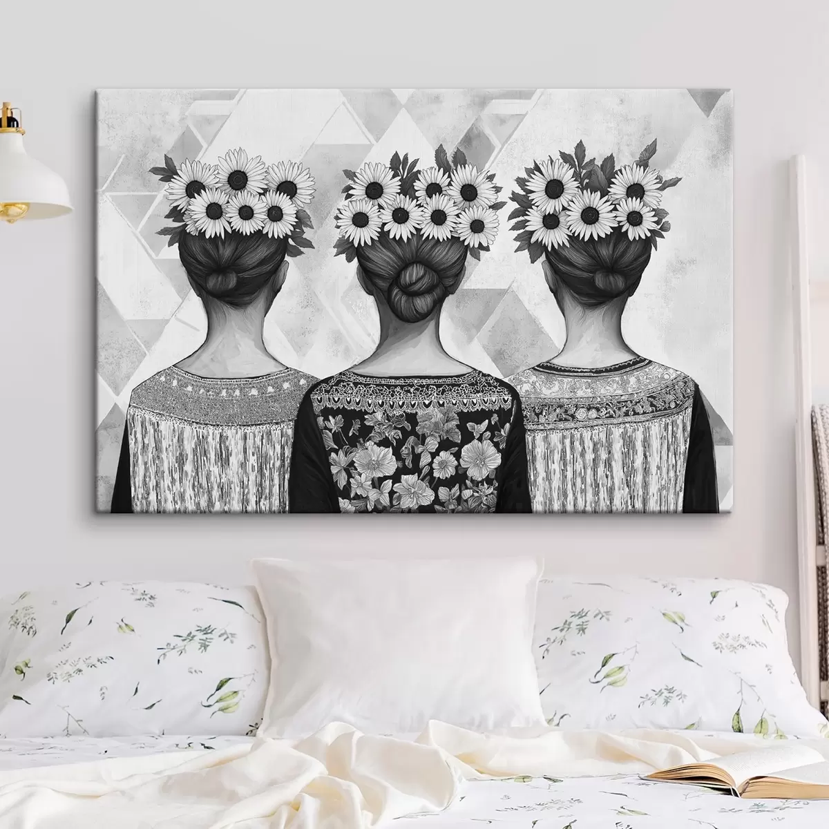 murales de pared Tres mujeres con ropa étnica, dibujo a lápiz, girasoles s42377