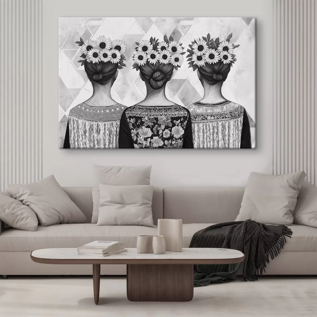 murales de pared Tres mujeres con ropa étnica, dibujo a lápiz, girasoles s42377