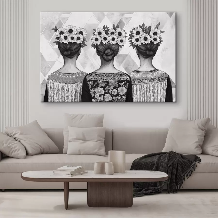 murales de pared Tres mujeres con ropa étnica, dibujo a lápiz, girasoles s42377