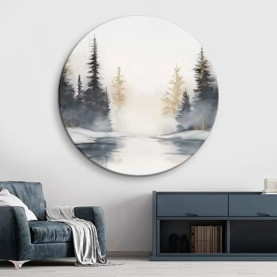 murales de pared Paisaje de invierno con río y pinos, naturaleza, bosque, niebla r42374