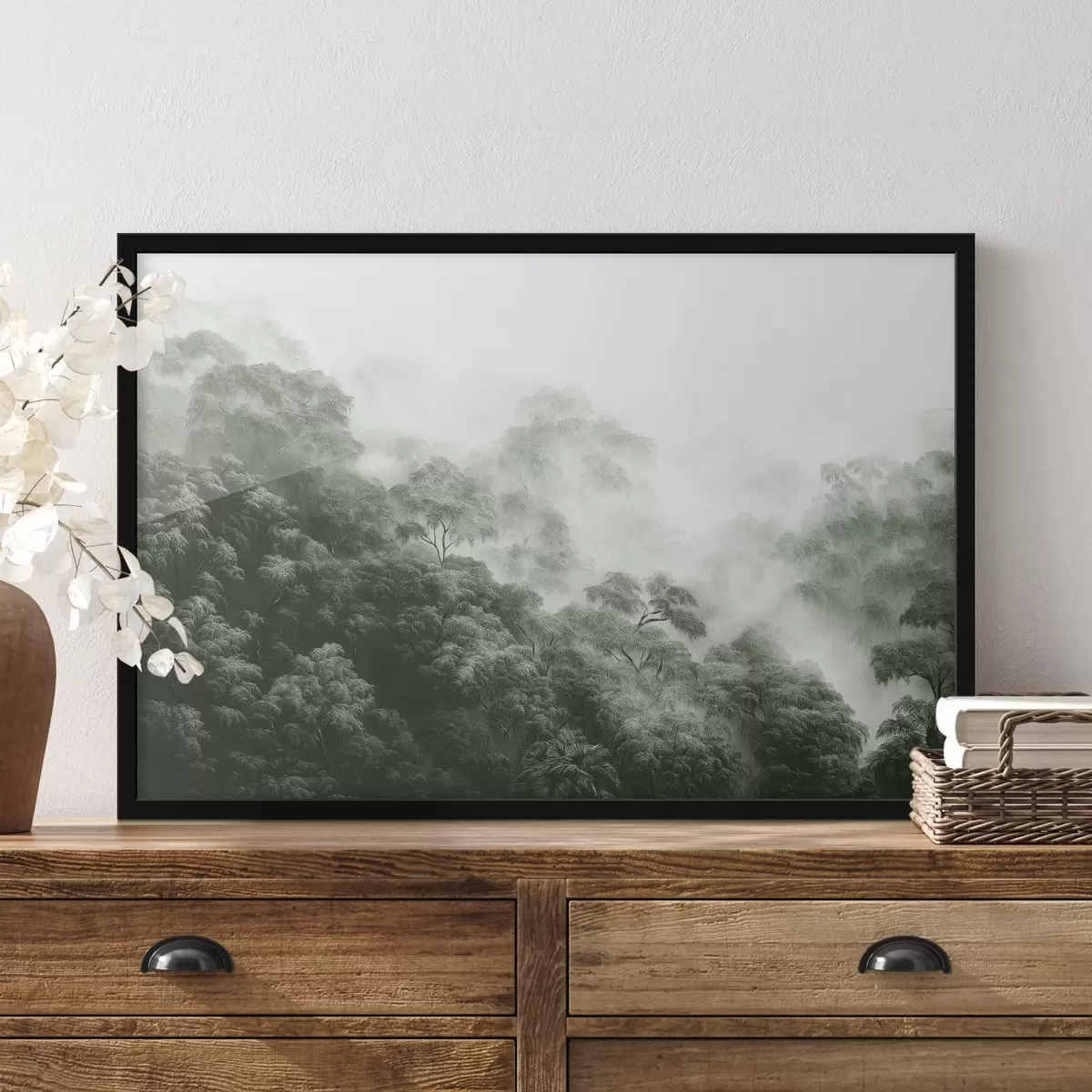 Poster Bosque tropical en la niebla, palmeras, colores verdes f42371