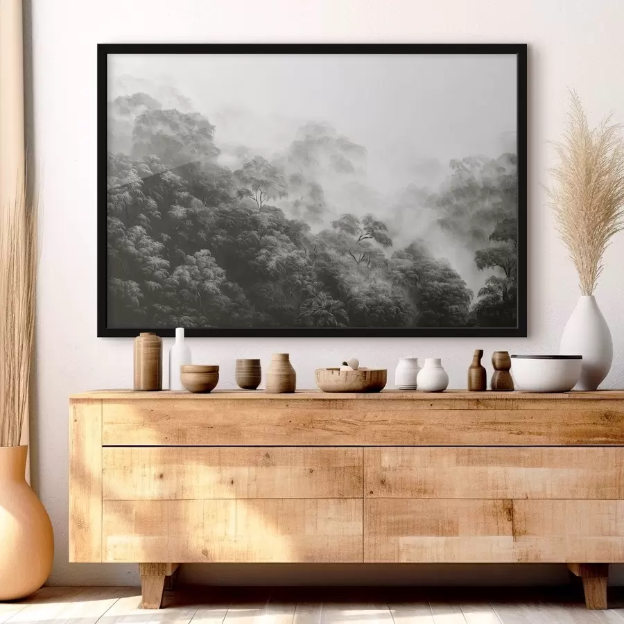 murales de pared Bosque tropical en la niebla, palmeras, colores grises f42371v1