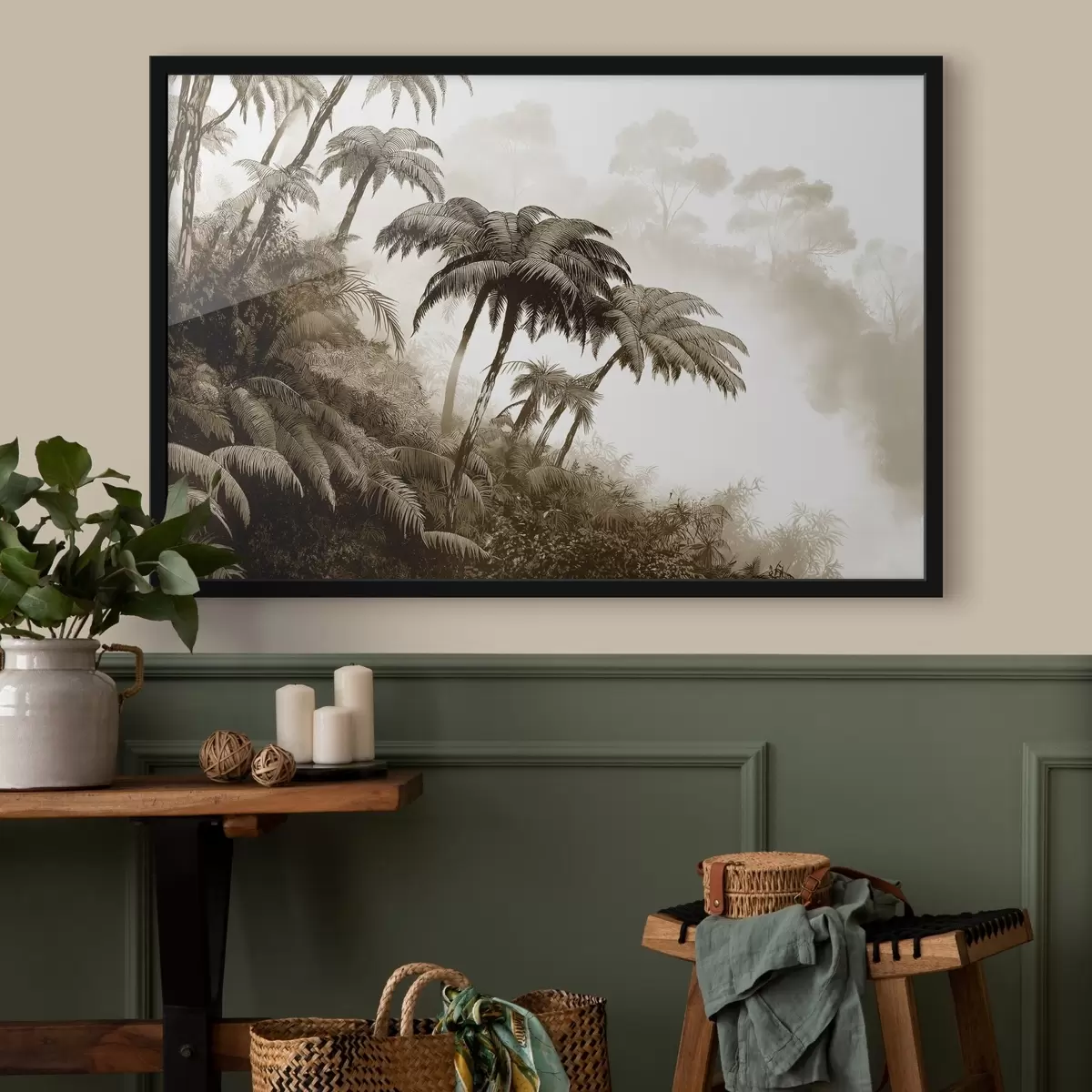 Poster Selva en la niebla, palmeras, naturaleza, colores beige f42372