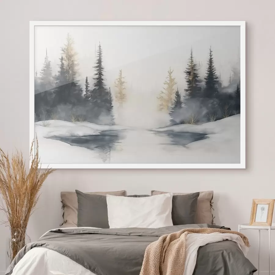 murales de pared Paisaje de invierno con río y pinos, naturaleza, bosque, niebla f42374