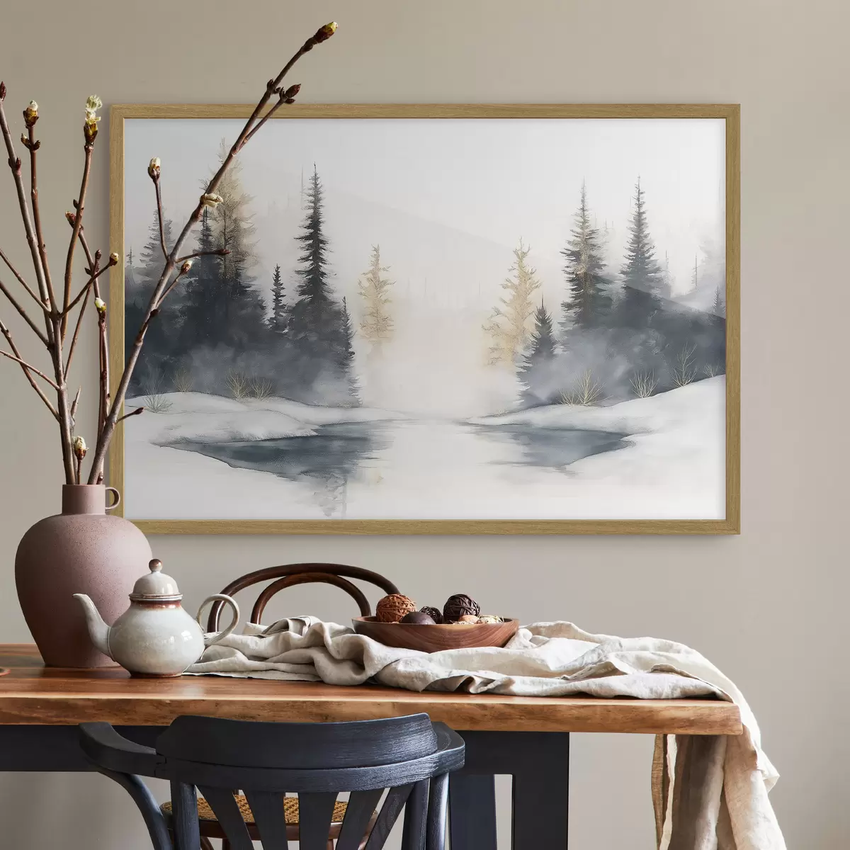 Poster Paisaje de invierno con río y pinos, naturaleza, bosque, niebla f42374