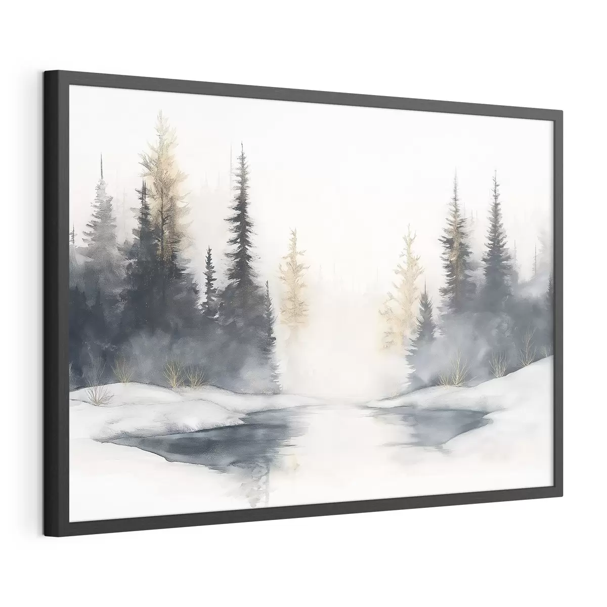 Poster Paisaje de invierno con río y pinos, naturaleza, bosque, niebla f42374
