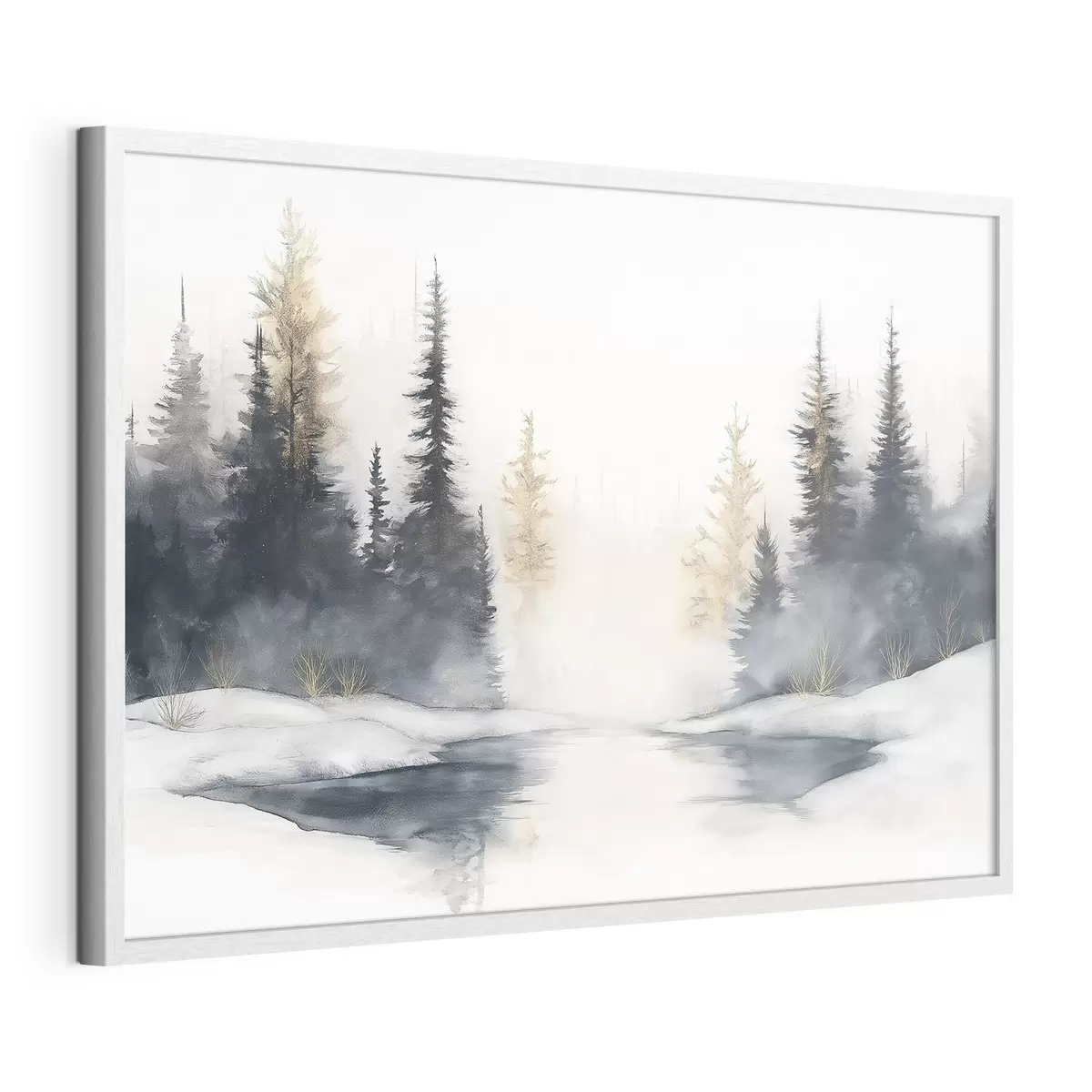Poster Paisaje de invierno con río y pinos, naturaleza, bosque, niebla f42374