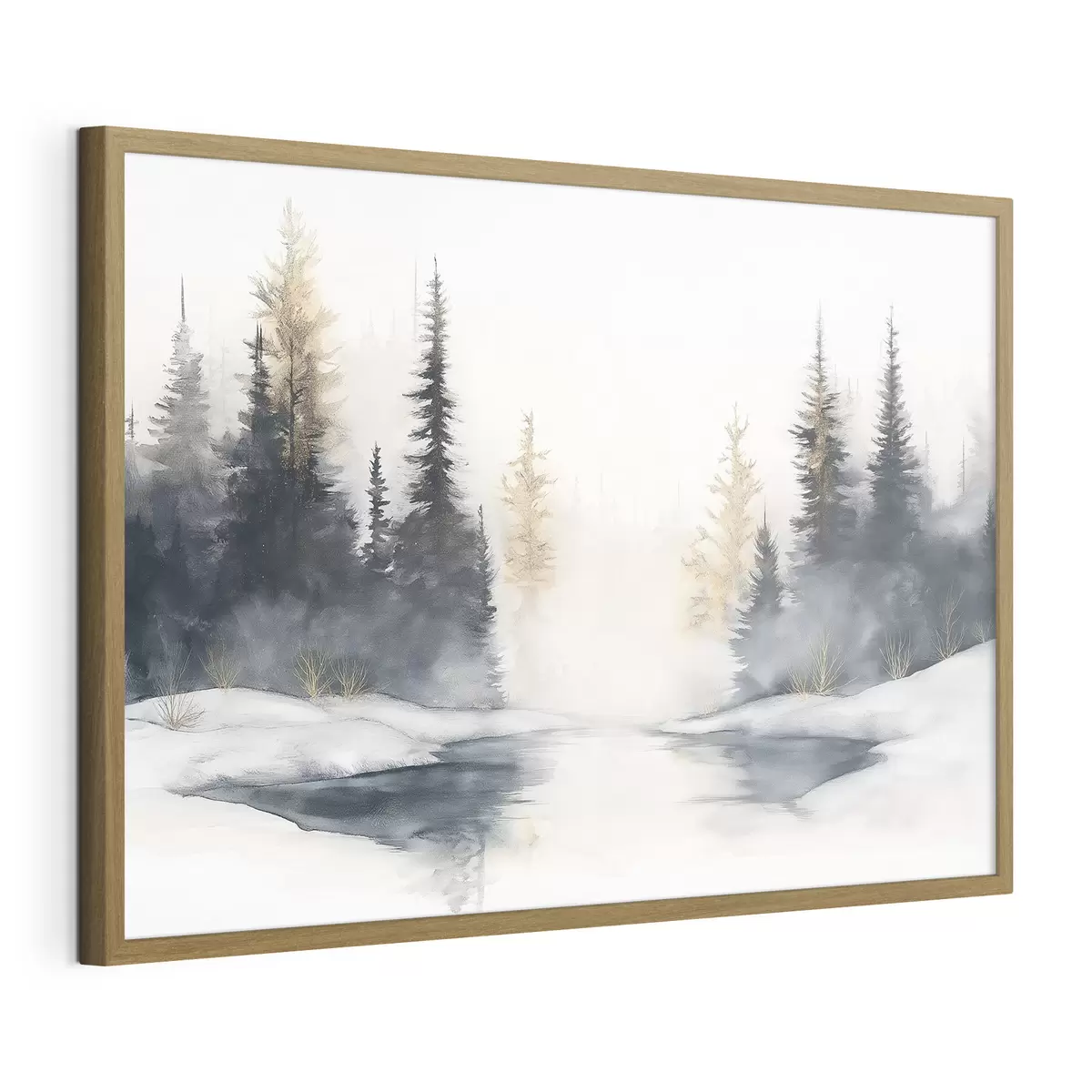 Poster Paisaje de invierno con río y pinos, naturaleza, bosque, niebla f42374