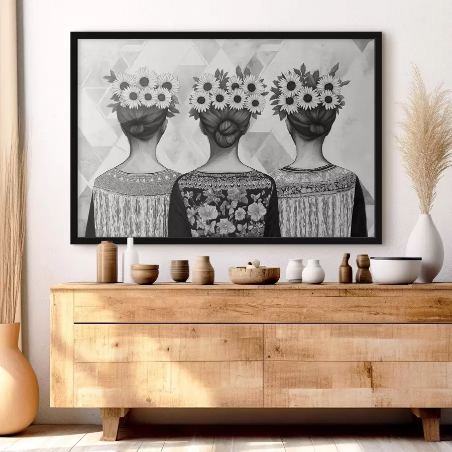 murales de pared Tres mujeres con ropa étnica, dibujo a lápiz, girasoles f42377