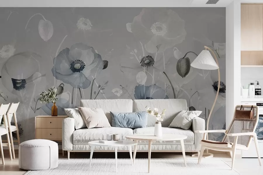 murales de pared Grandes amapolas azules sobre fondo de acuarela gris w08626