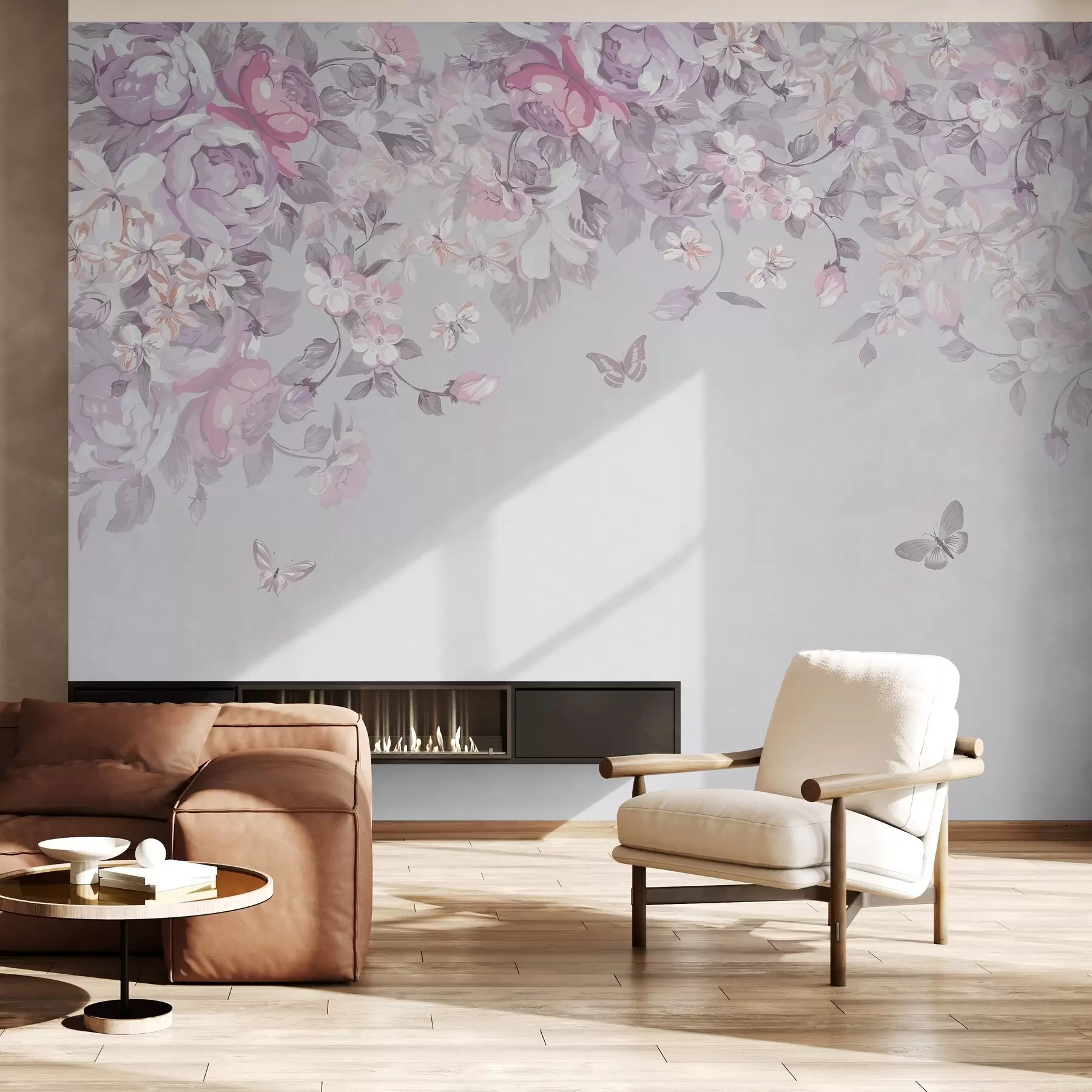 murales de pared Delicadas flores y aleteo de mariposas u94295v2