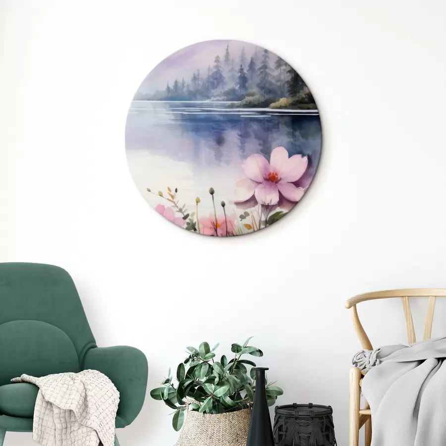 murales de pared Flores rosas sobre el fondo de un lago en las montañas r42393