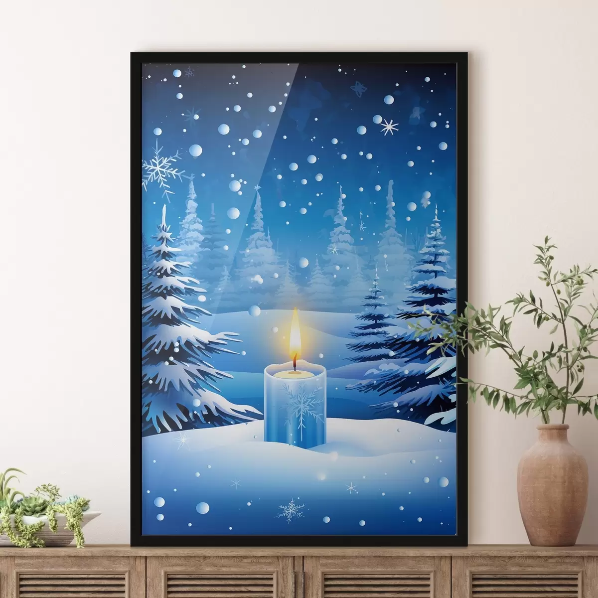 Poster Vela con el telón de fondo de un bosque nevado en invierno f42383