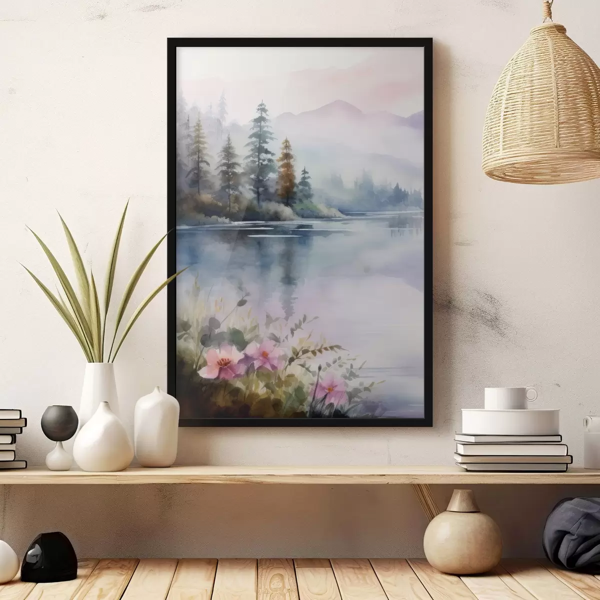 Poster Bosque con niebla sobre el fondo de un lago f42384