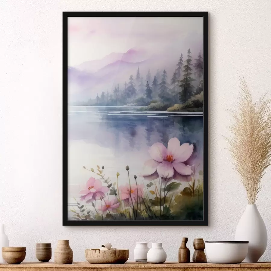 murales de pared Flores rosas sobre el fondo de un lago en las montañas f42393