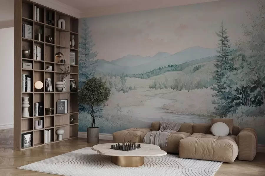 murales de pared paisaje en estilo acuarela con abetos w02689