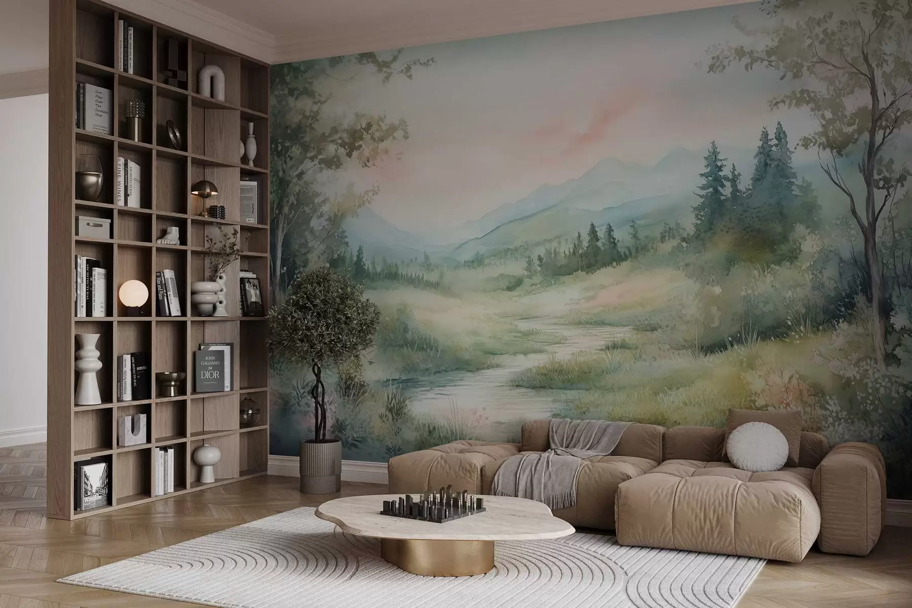 murales de pared acuarela paisaje con un camino y montañas w02764