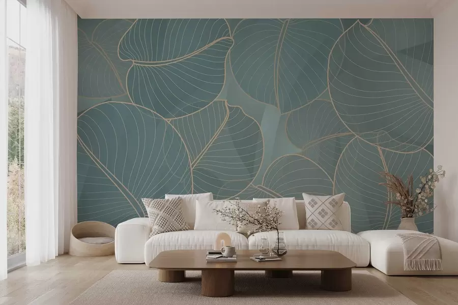 murales de pared follaje lineal del lirio de agosto en tonos turquesa w02768v1