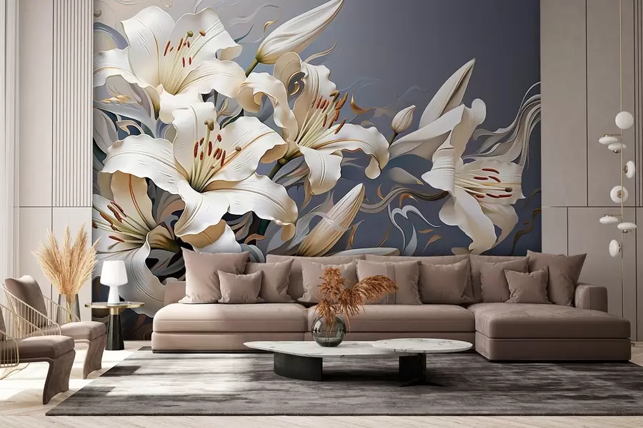 murales de pared Sofisticados lirios blancos sobre fondo azul grisáceo w08633