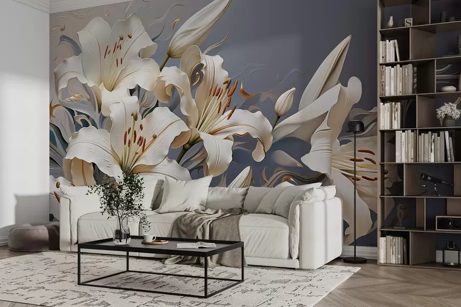 murales de pared Sofisticados lirios blancos sobre fondo azul grisáceo w08633