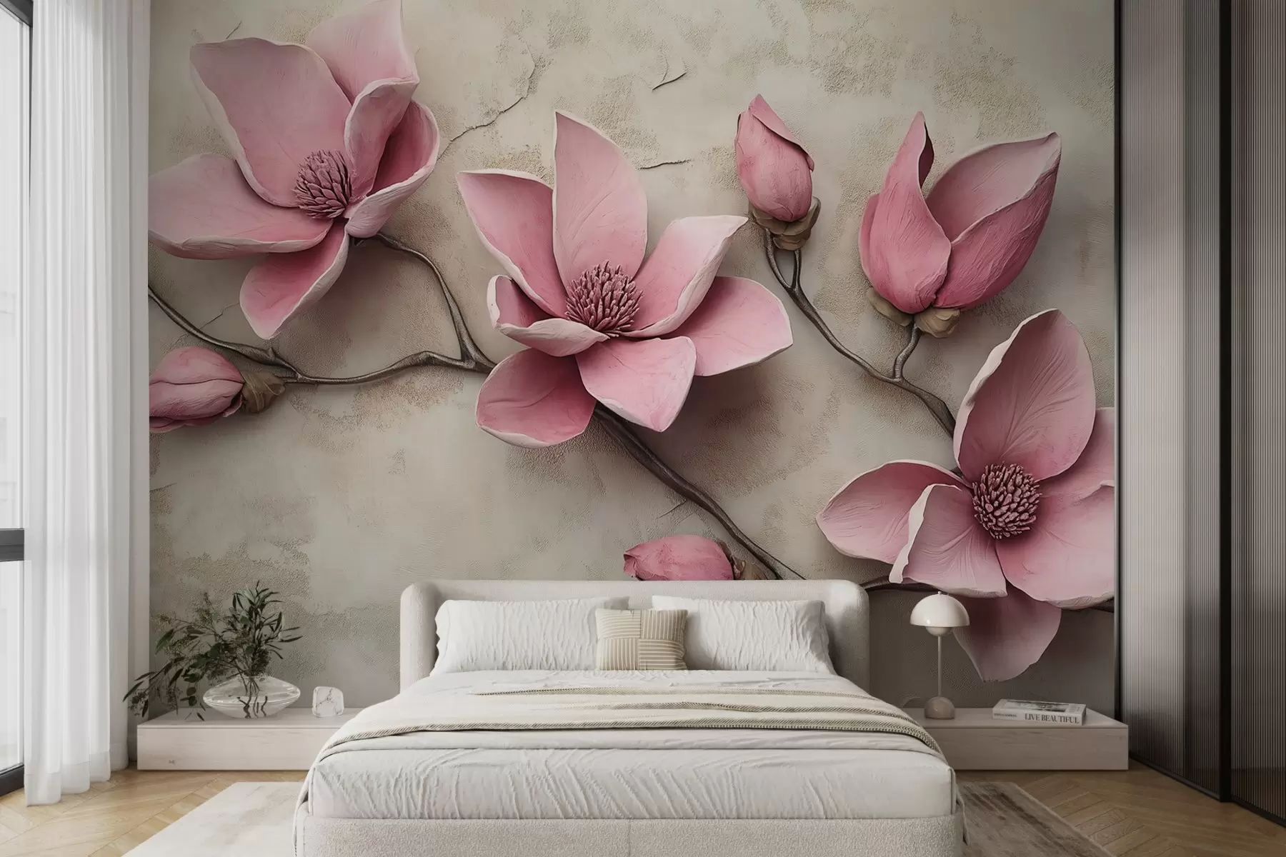 murales de pared Magnolias rosas en estuco w08635