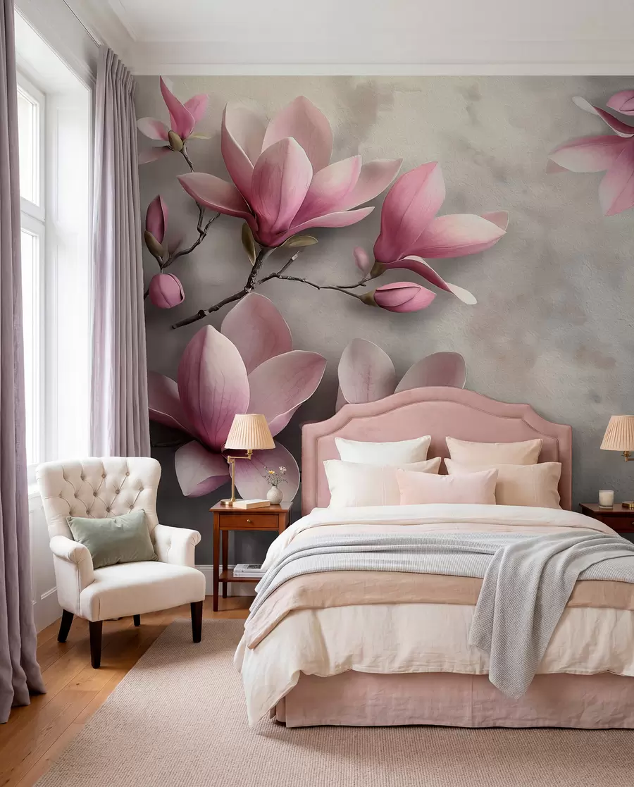 murales de pared Delicadas magnolias rosas sobre un muro de hormigón en tonos grises w08636v1
