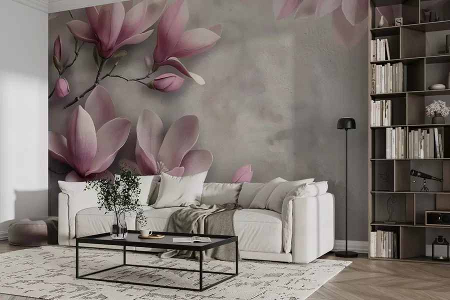murales de pared Delicadas magnolias rosas sobre un muro de hormigón en tonos grises w08636v1