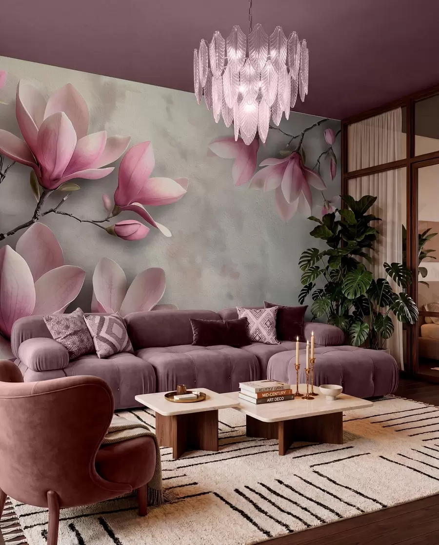 murales de pared Delicadas magnolias rosas sobre un muro de hormigón en tonos grises w08636v1