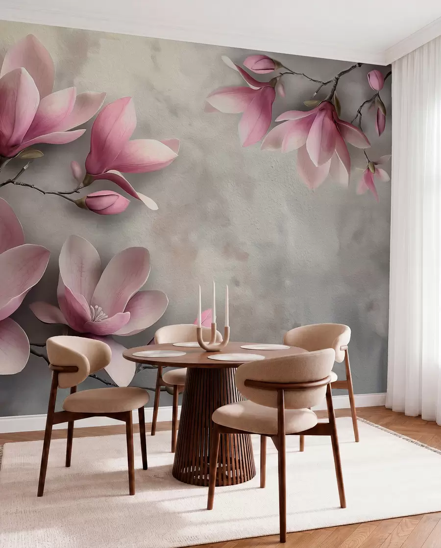 murales de pared Delicadas magnolias rosas sobre un muro de hormigón en tonos grises w08636v1
