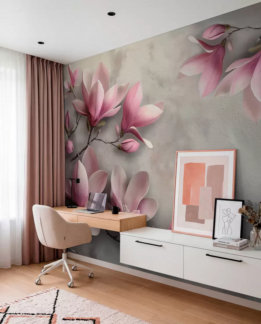 murales de pared Delicadas magnolias rosas sobre un muro de hormigón en tonos grises w08636v1