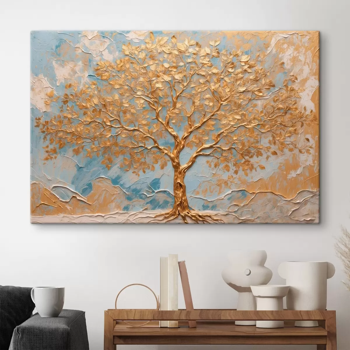 murales de pared Árbol amarillo sobre fondo blanco y azul s42266