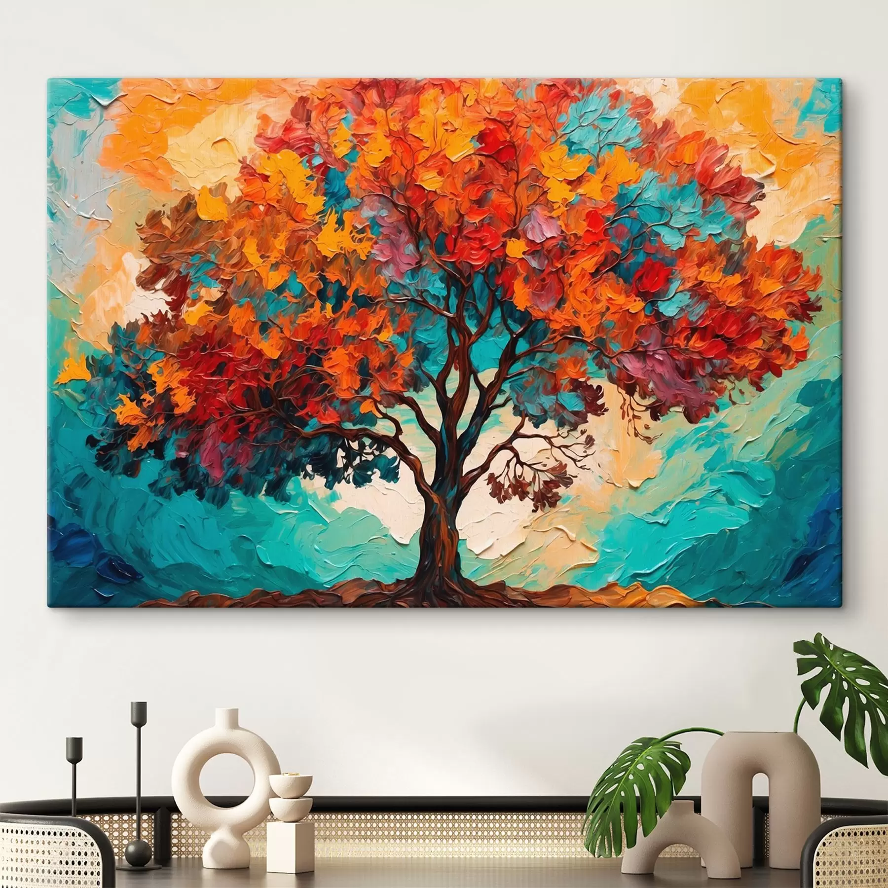 murales de pared Árbol sobre fondo azul anaranjado al óleo s42267