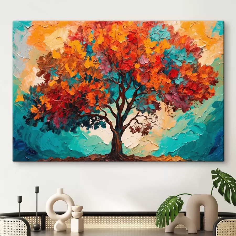 murales de pared Árbol sobre fondo azul anaranjado al óleo s42267