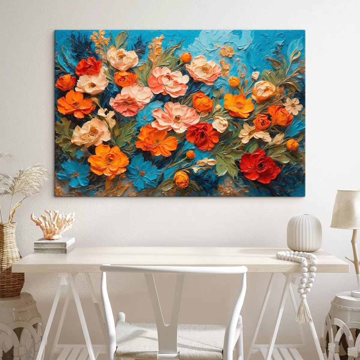 murales de pared Varias flores sobre fondo azul abstracto en el estilo de la pintura al óleo s42269