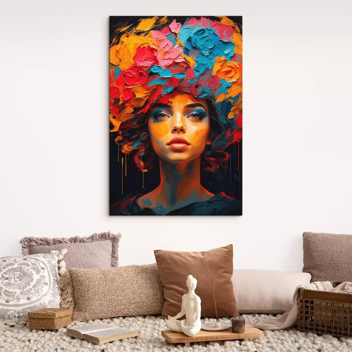 murales de pared Chica con flores en la cabeza al óleo s42271